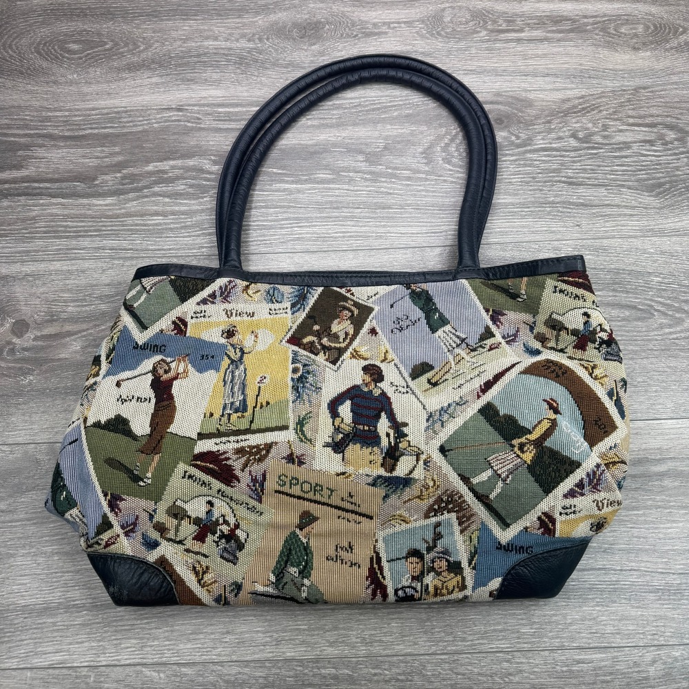 Windsor & York Golf Tapestry Woven Handbag Leather Trim Tote Shoulder Bag VTG